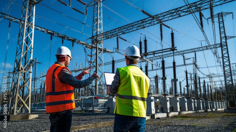 Picture of two electrical engineers using a notebook computer standing at a power station to view the planning work by producing electrical energy at high voltage electrodes. Picture of two electrical engineers using a notebook computer standing at a power station to view the planning work by producing electrical energy at high voltage electrodes.
