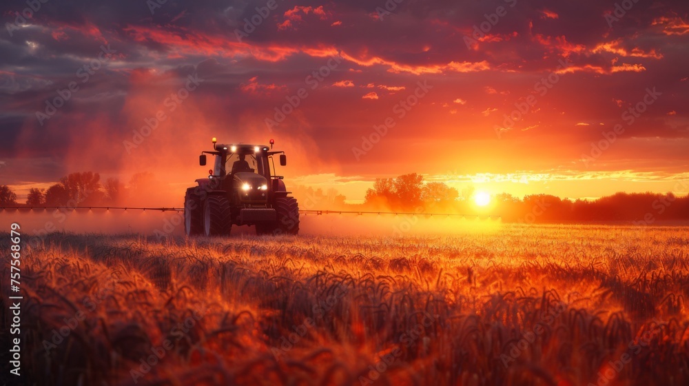 tractor driving spraying or harvesting crops at sunset - obrazy, fototapety, plakaty 