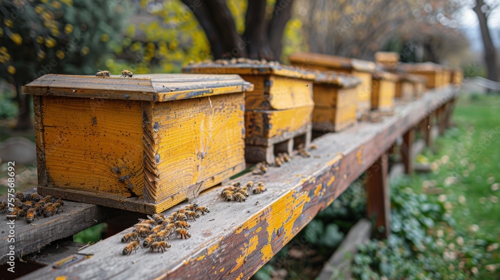 Traditional wooden beehives are displayed in an apiary, where colonies of bees are kept for honey production in the garden. - obrazy, fototapety, plakaty 