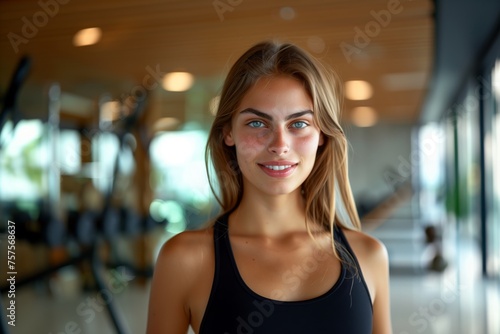 Smiling young attractive woman posing looking at the camera at the gym wearing a sports outfit Free Download Smiling young attractive woman posing looking at the camera at the gym wearing a sports outfit - GFXLoad