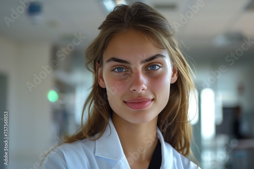 Smiling young attractive female healthcare worker posing looking at the camera at a hospital ward