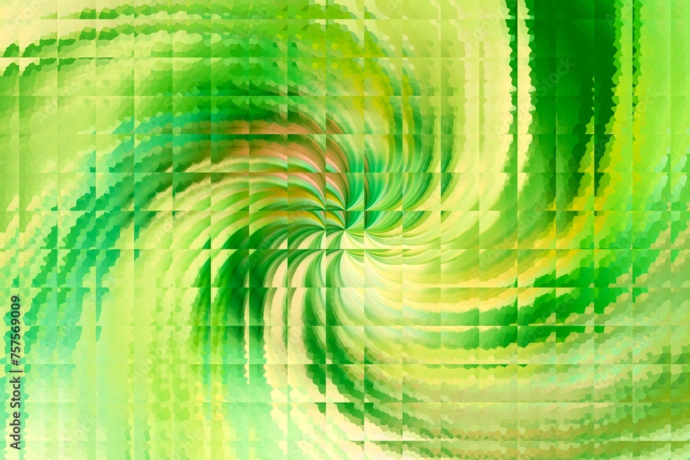 Dynamiczna kompozycja ze spiralnym wirem w zielonej kolorystyce z geometryczną teksturą szklanych kwadratowych płytek - abstrakcyjne graficzne tło - obrazy, fototapety, plakaty 