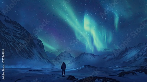 the woman on the mountain peak in silhouette against the vibrant colors of the Northern Lights to create a striking contrast and add depth to the photo.