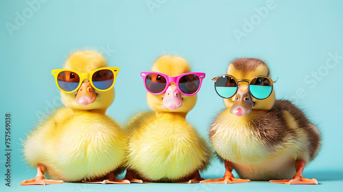 ducks: three young litte cool duck babies with sunglasses on light blue pastel colored background 