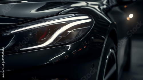Close-Up of Black Luxury Car's Headlights