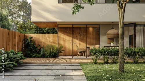 the welcoming home and wooden fence in the soft, natural light of a bright and sunny day to accentuate the warmth and texture of the wood, creating a realistic and inviting atmosphere