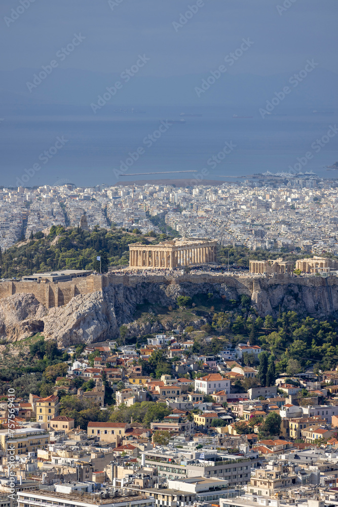 Aerial view of the city with hill of Acropolis of Athens from the Mount Lycabettus, Athens, Greece
