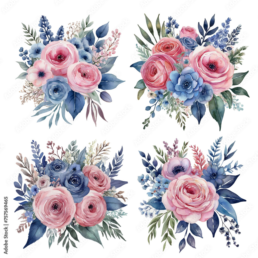 set 4 pink and blue wedding bouquets, watercolor, on white background, isolated 