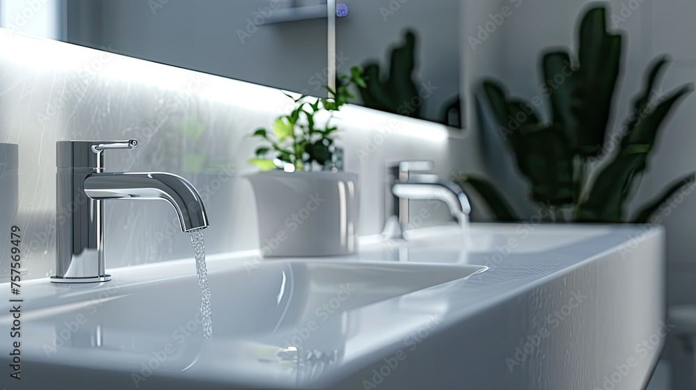 The interior of the bathroom is in a minimalist style and light colors. Close up of faucet and sink The interior of the bathroom is in a minimalist style and light colors. Close up of faucet and sink