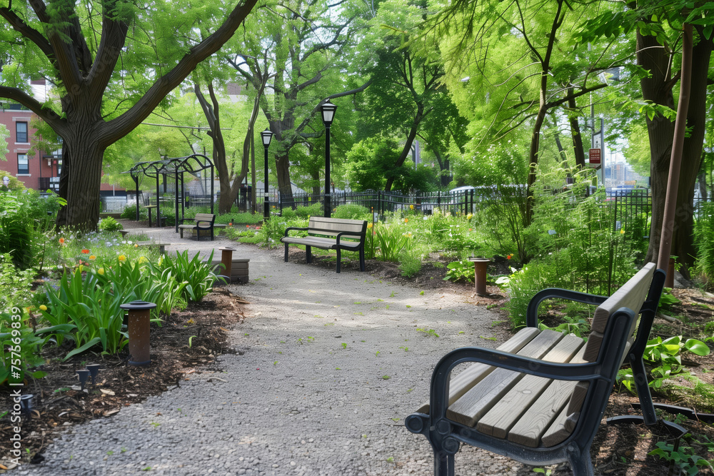 Serene park path with benches and lush greenery Serene park path with benches and lush greenery