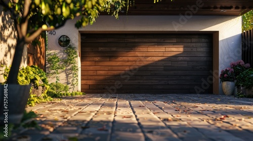 the modern car garage with elements such as landscaping, vehicles, or architectural details of the residential building to provide context and convey the lifestyle associated with owning such a garage photo