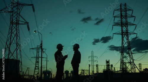 silhouette of two engineers standing at electricity station, discussing plan