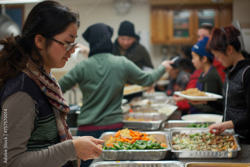 Volunteers serving food at community shelter - obrazy, fototapety, plakaty 