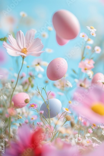 Nature background with wild flowers in green grass on meadow with Easter eggs levitating.