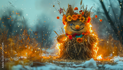 Traditional Slavic Ritual of Burning Marzanna Effigy to Celebrate Spring Equinox photo
