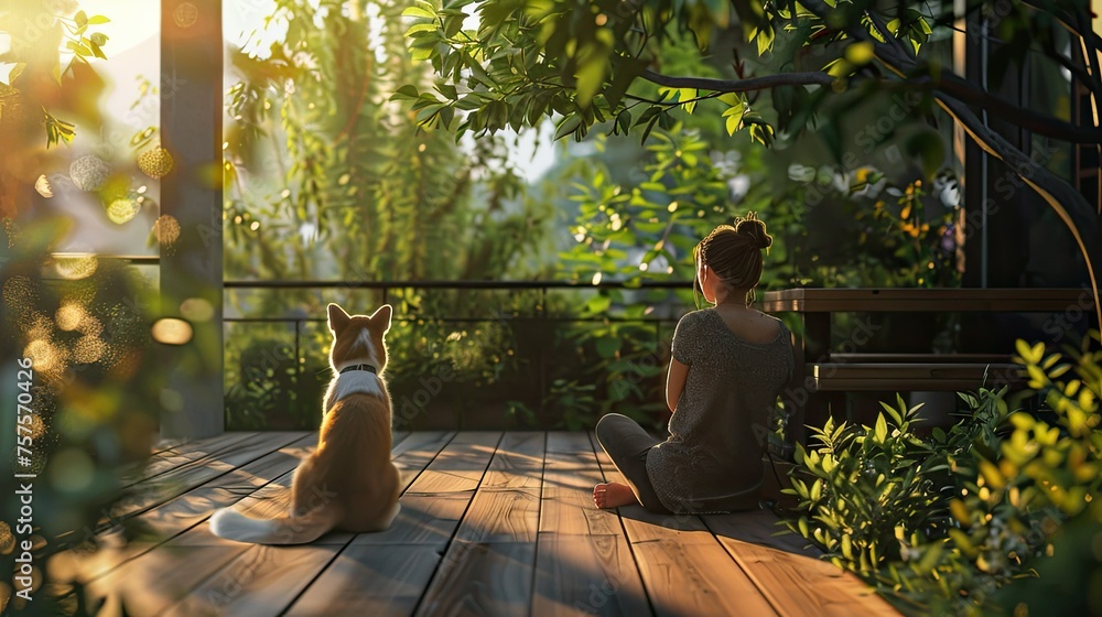 the woman and her pet to engage in natural and relaxed poses and expressions. This authenticity enhances the realism of the scene and conveys genuine enjoyment of nature and companionship. the woman and her pet to engage in natural and relaxed poses and expressions. This authenticity enhances the realism of the scene and conveys genuine enjoyment of nature and companionship.