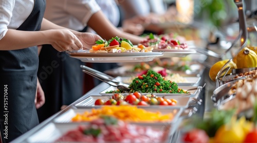 Group Catering Buffet Indoors with Colorful Meat, Fruits, and Vegetables