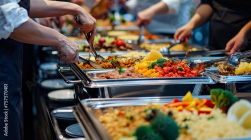 Group Catering Buffet Indoors with Colorful Meat, Fruits, and Vegetables