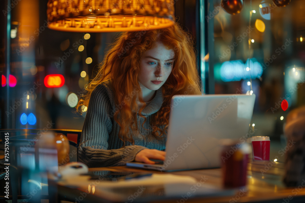 Focused redhead working late at a cozy cafe Focused redhead working late at a cozy cafe