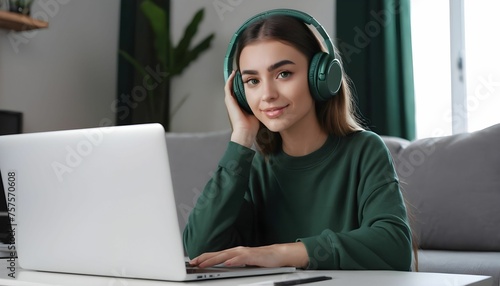 Cheerful young woman wearing sweeter headphones having a web conference while working from the home front view with her face towards laptop, gray laptop blank generative ai photo
