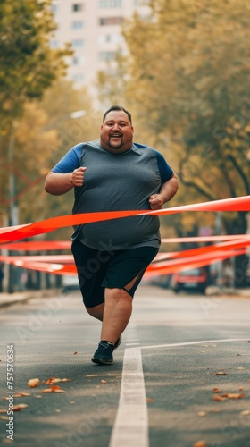 Smiling Plus Size Man Runner Crossing the Finish Line with Determination © Jardel Bassi