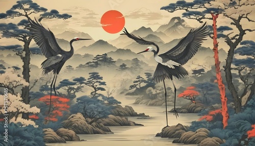 drawing wallpaper of a landscape of birds crane in the middle of the forest in Japanese vintage style created with generative ai	
