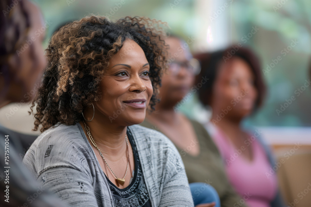 Joyful African American woman smiling in a meeting Joyful African American woman smiling in a meeting