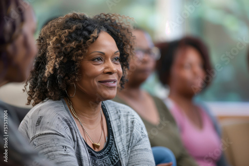 Joyful African American woman smiling in a meeting
