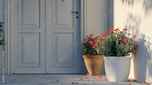 the details of the white front door and flower pots while creating a blurred background. This technique adds depth and draws attention to the main subjects, enhancing realism.