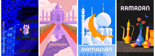 Ramadan Kareem Set of posters, cards, holiday covers. Modern design with pattern, mosque, moon, still life of kumgan, vases and flowers, muslim man praying. Flat style vector illustration photo