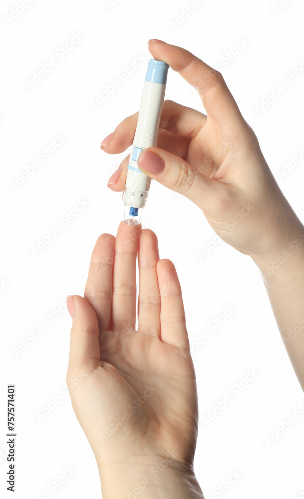 Diabetes. glucose testing. Woman using lancet pen on white background, closeup Diabetes. glucose testing. Woman using lancet pen on white background, closeup