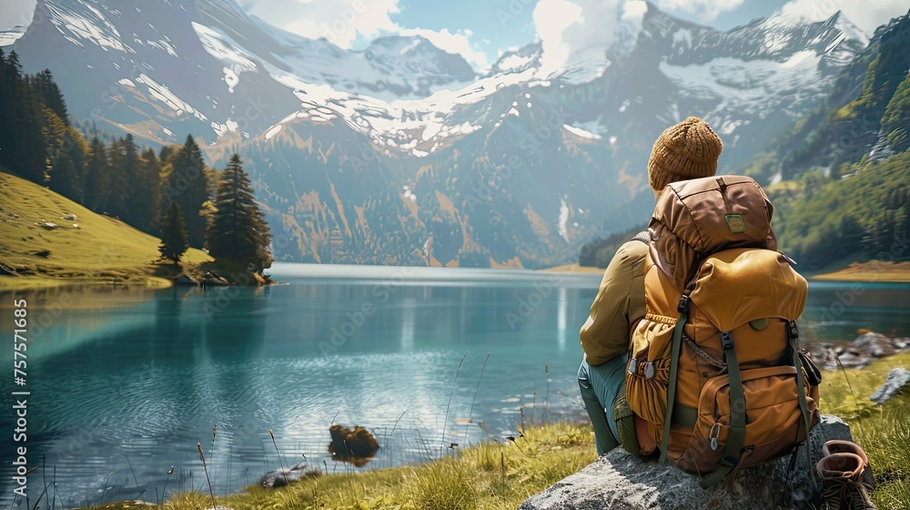 A vacationing tourist with a backpack against a background depicting a mountain landscape and a lake. The landscape complements the traveler's personal belongings. A vacationing tourist with a backpack against a background depicting a mountain landscape and a lake. The landscape complements the traveler's personal belongings.