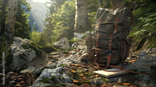 tourist backpack against the backdrop of a mountain landscape and lake. The landscape complements the traveler's personal belongings, such as a map, shoes, laptop, bottle.