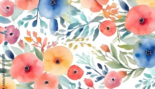 Seamless watercolor flower pattern with colorful flowers on a white background
