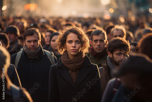 Portrait captures of hurried individuals navigating the city streets at sunset, their faces illuminated by the warm glow of the fading sun, each expression revealing a unique blend of determination