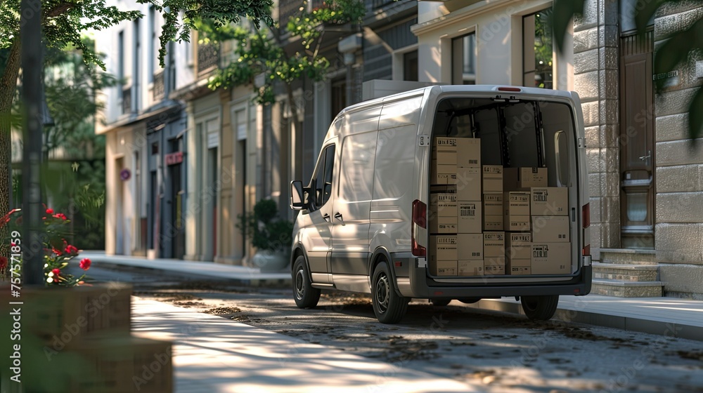 the courier driver inside a cargo van loaded with packages, replicating a typical delivery scenario. Ensure the van's interior and exterior match the environment of a delivery route