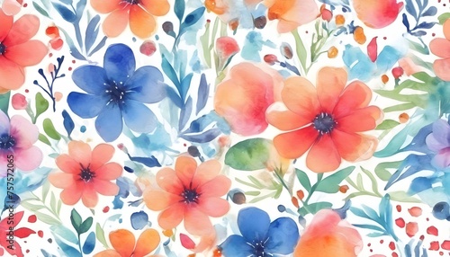 Seamless watercolor flower pattern with colorful flowers on a white background 