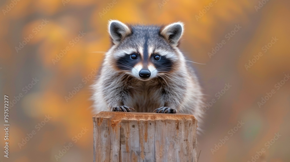 a raccoon standing on top of a wooden post looking at the camera with a blurry background of trees in the background.