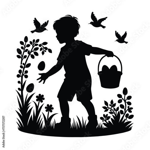 Silhouette of a Child Hunting for Easter Eggs in a Garden