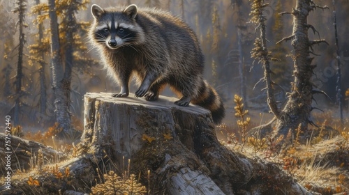 a painting of a raccoon standing on a tree stump in the middle of a forest filled with trees. photo