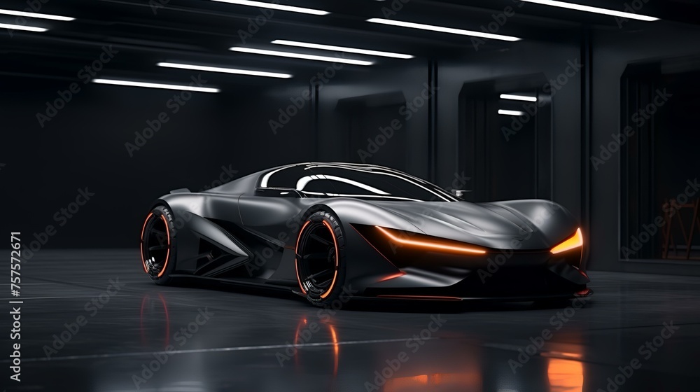 Futuristic Concept Car in Garage on Dark Background