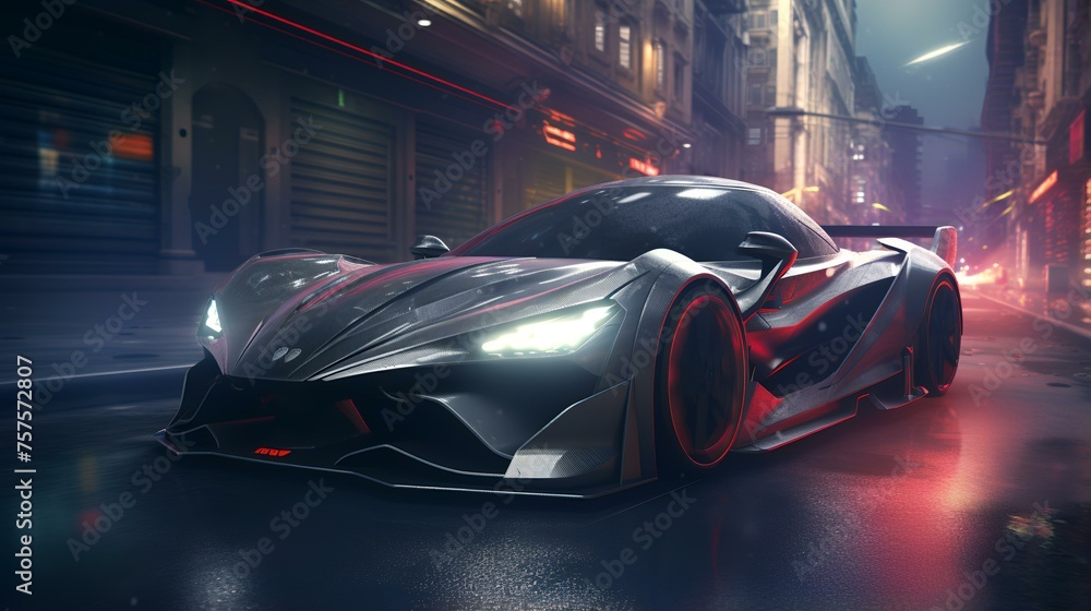 Futuristic Super Sports Concept Car on the Street Futuristic Super Sports Concept Car on the Street