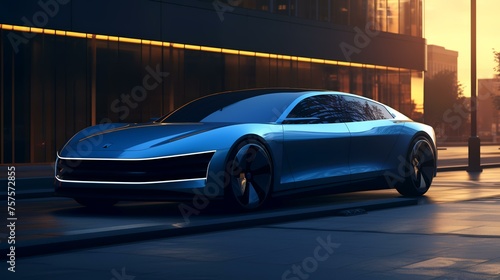 Generative AI Illustration of Side View of Blue Car photo