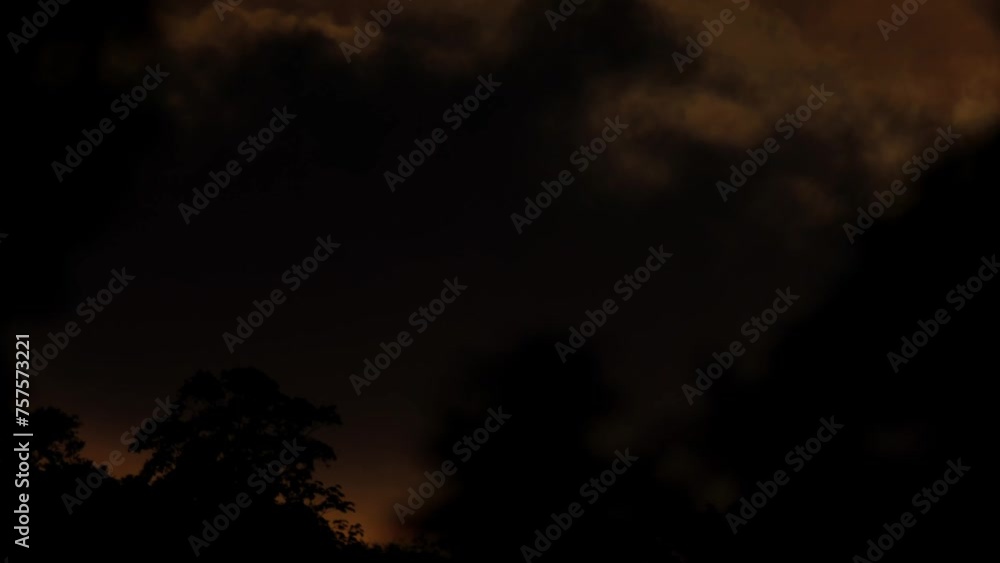 Golden sunset with moving clouds in sky behind silhouette trees time lapse Golden sunset with moving clouds in sky behind silhouette trees time lapse