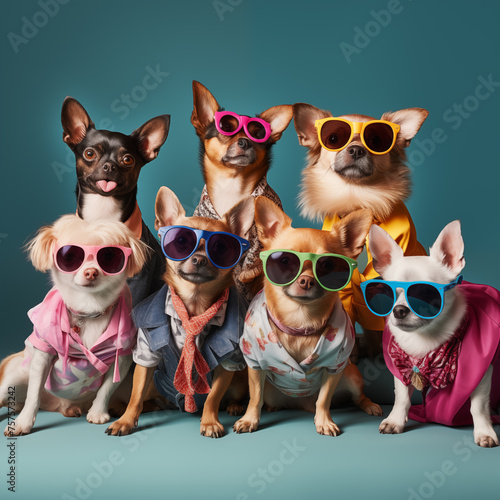 group of cute dogs with bowties and sunglasses sitting and lying on background. in fashionable suits and glasses. stylish animals in equipment on colored backgrounds, party people