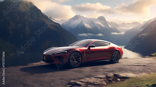 Luxury Car Parked on a Mountain: 3D Render and Real Photo Composite