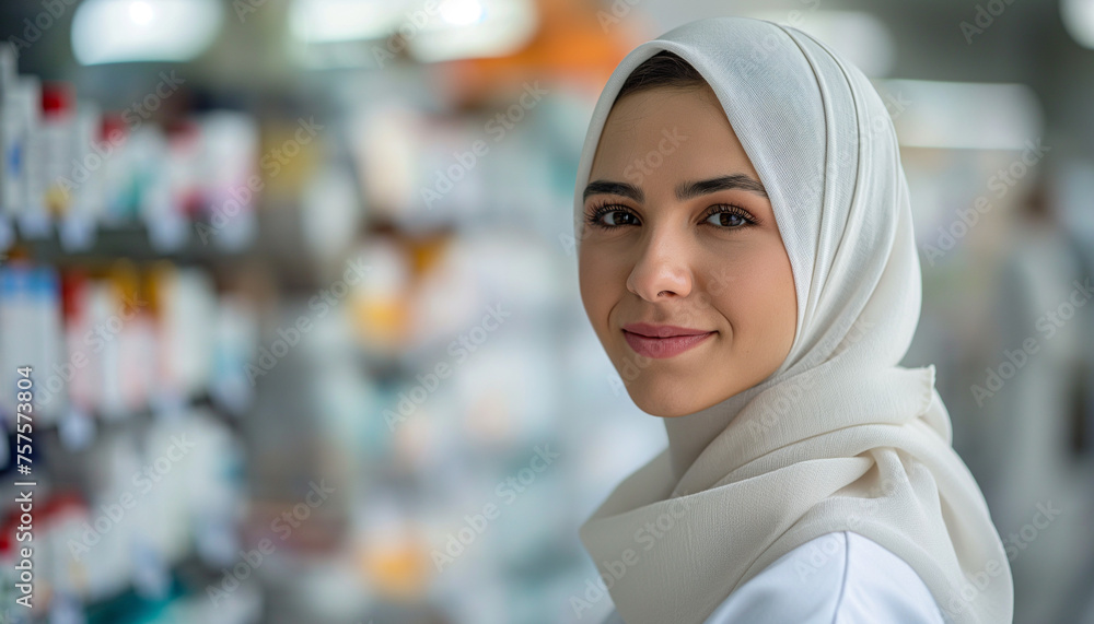 A woman. The woman wears a white headscarf and a white coat. She is smiling. The woman works in a pharmacy. The pharmacy is bright, and in the background, blurred medications on shelves can be seen A woman. The woman wears a white headscarf and a white coat. She is smiling. The woman works in a pharmacy. The pharmacy is bright, and in the background, blurred medications on shelves can be seen