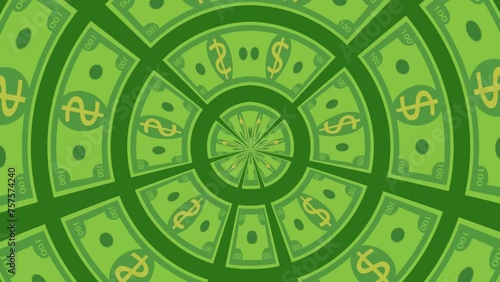 Circle flow hundred dollar bill cartoon cash pattern background animation   photo