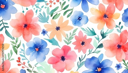 Seamless watercolor flower pattern with colorful flowers on a white background 