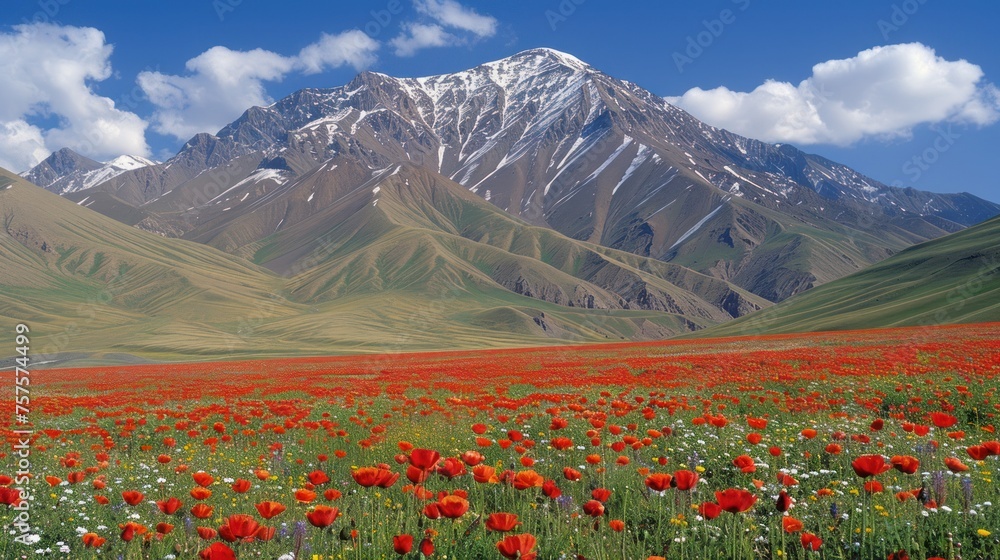 a field of red and white flowers in front of a mountain range with a snow - capped peak in the background.